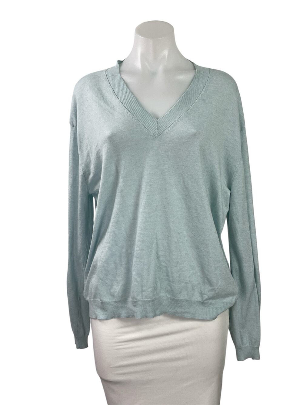 Zara Women's Blue Wool Long Sleeve V Neck Knit Sweatshirt Sweater Top Size L